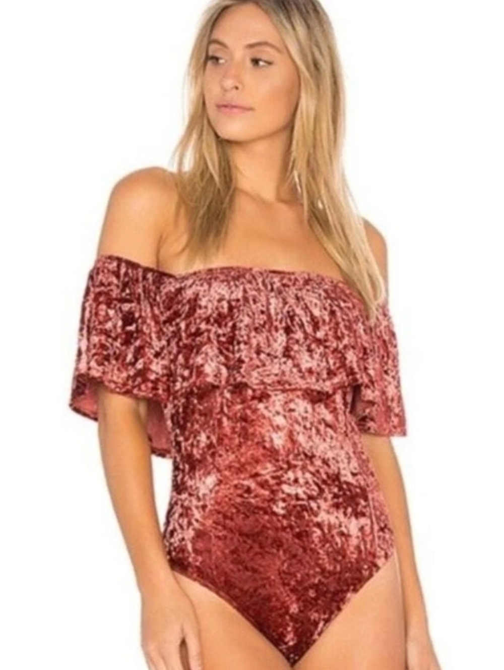 Band of Gypsies Burnout Crushed Velvet Ruffle Neckline Bodysuit in Burgundy